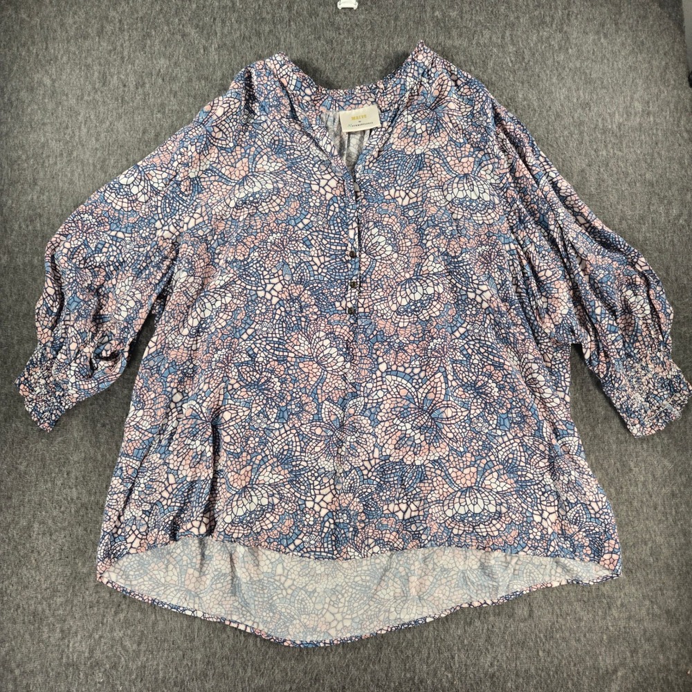 Maeve Anthropologie Floral Chiffon Balloon Sleeve Blouse Blue Pink 2X Boho Top